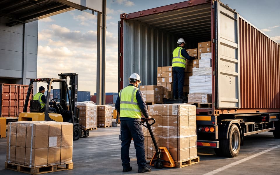 Workers carefully loading cargo into an open shipping container