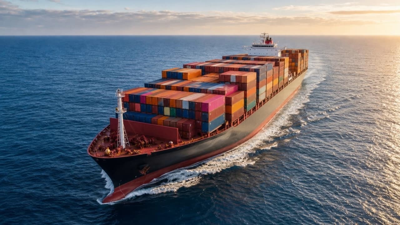 A loaded container vessel crossing the open sea at golden hour