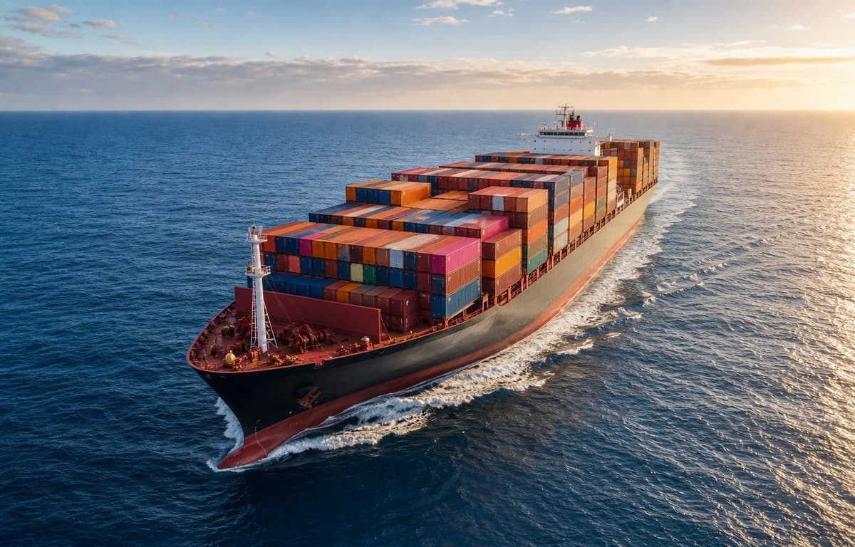 A loaded container vessel underway on the open ocean